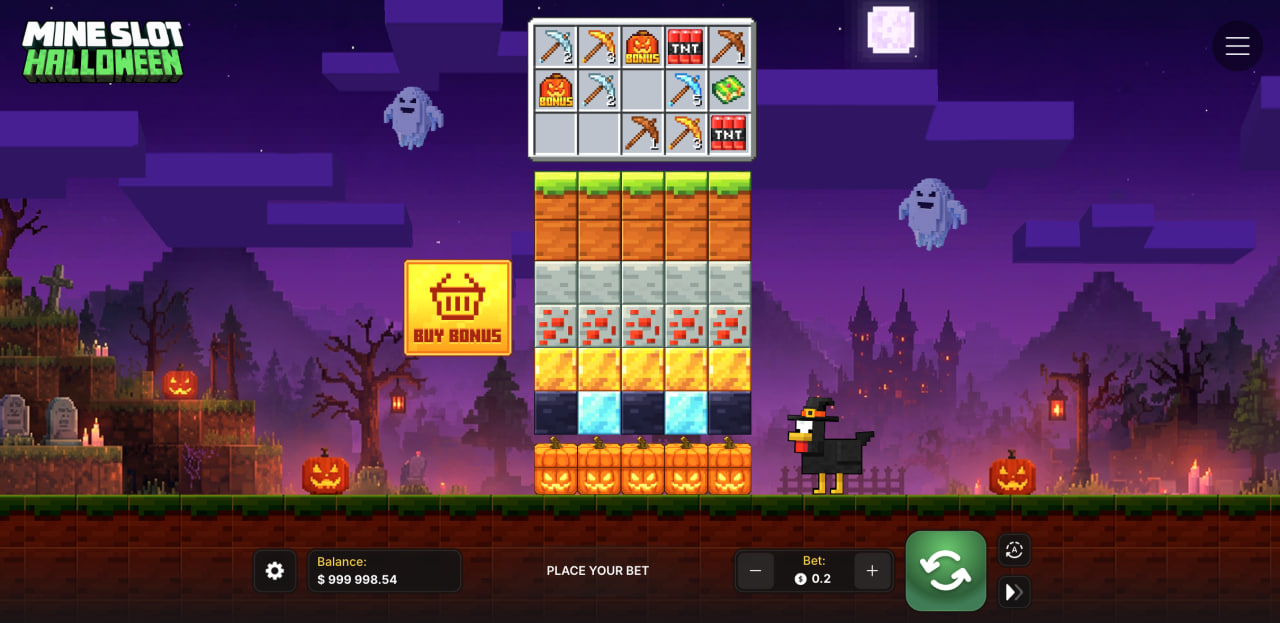 Herní obrazovka Mine Slot Halloween se sloupci bloků, panelem nástrojů a tlačítkem Buy Bonus