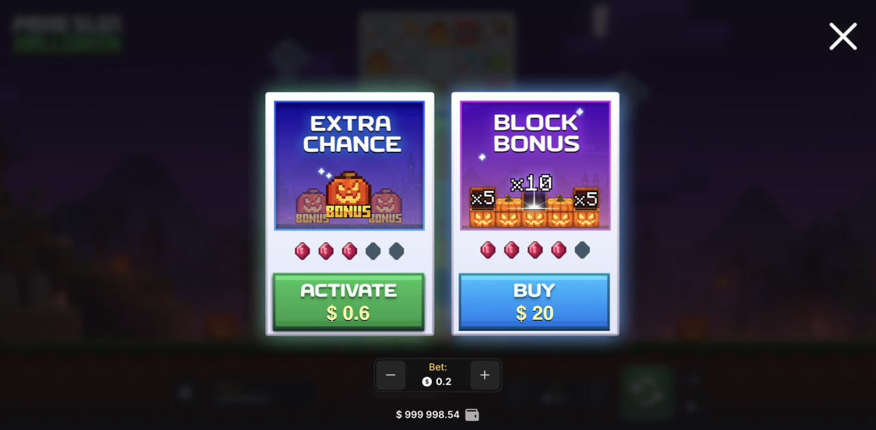 Okno Extra Chance a Block Bonus v Mine Slot Halloween na počítači