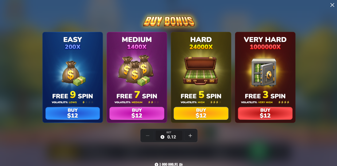 Nabídka Bonus Buy v MegaBlock Empire se čtyřmi variantami free spinů