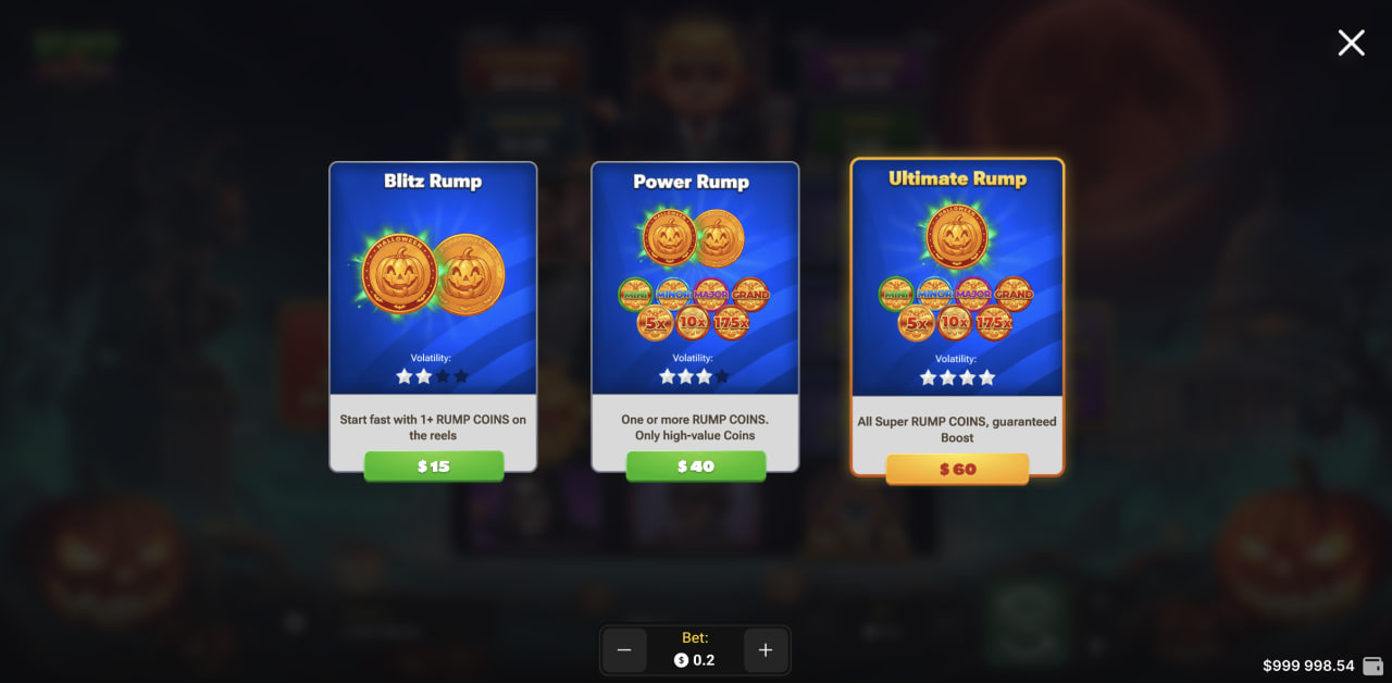 Tři možnosti Buy Bonus v Rump & Halloween na počítači