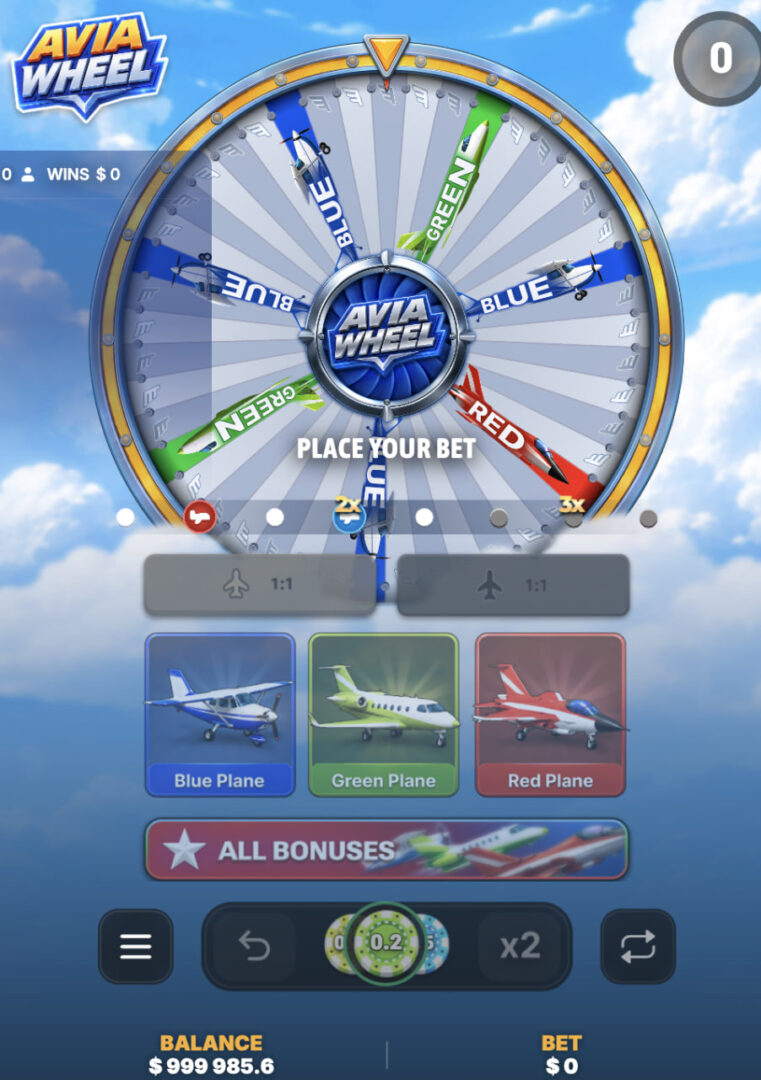 Avia Wheel aplikace česky bonus zdarma: mobilní obrazovka s žetony sázek, tlačítky x2 a Repeat a třemi kartami letadel
