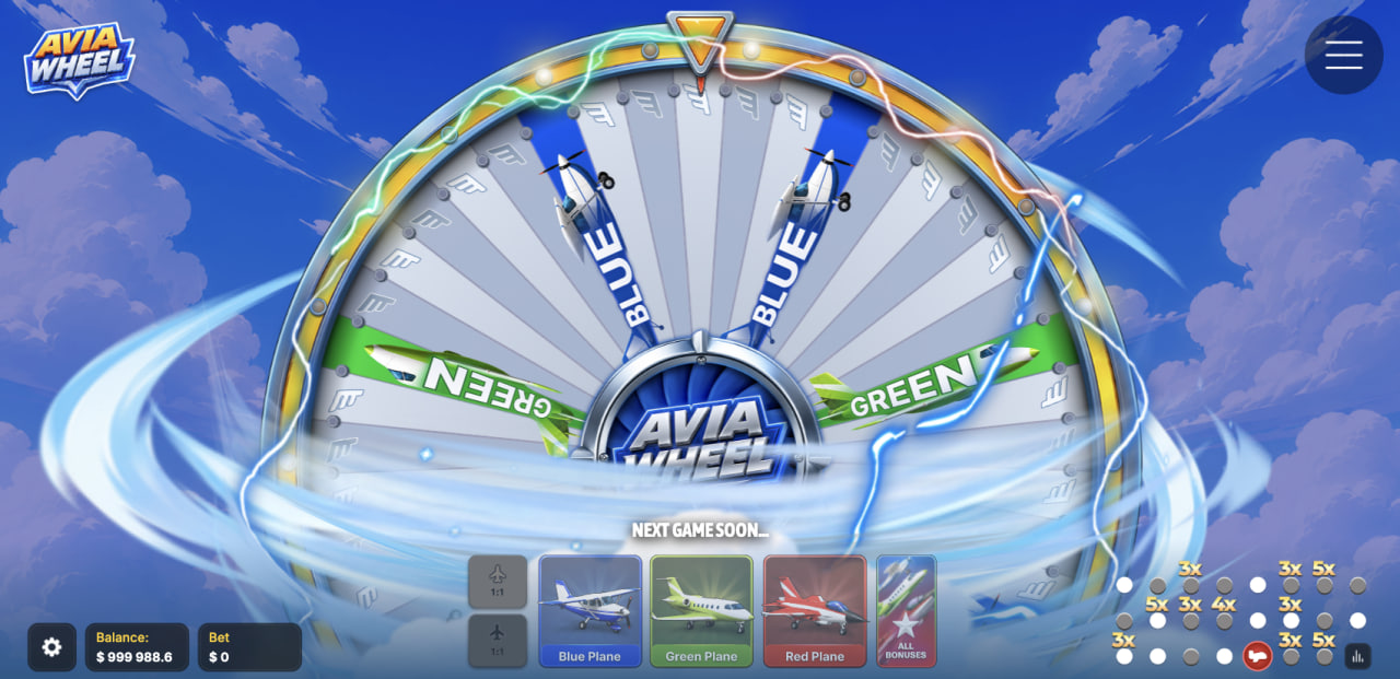 Avia Wheel test demo kasino hra česky: kolo s kartami Blue Plane, Green Plane, Red Plane a tlačítkem All Bonuses