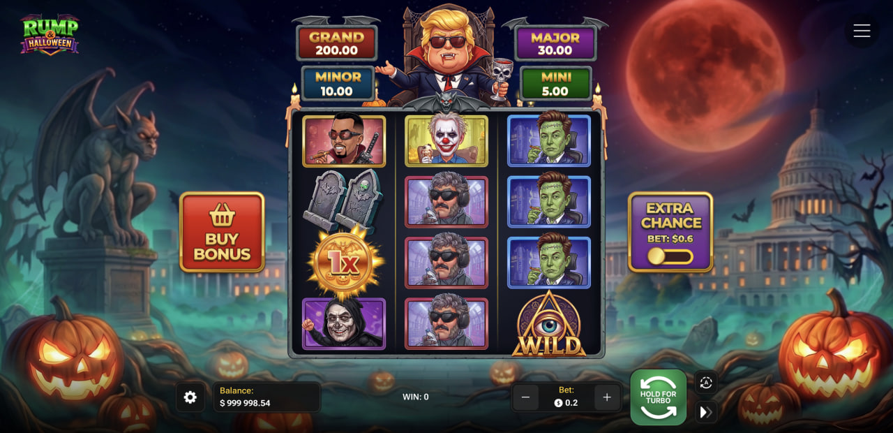 Obrazovka Rump & Halloween s mřížkou 3×4, čtyřmi jackpoty a tlačítky Buy Bonus a Extra Chance