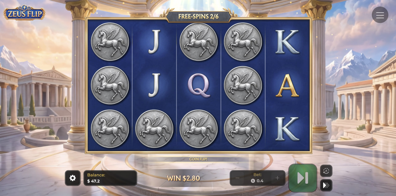Válce Zeus Flip během free spinů s mincemi Pegase při Coin Flip