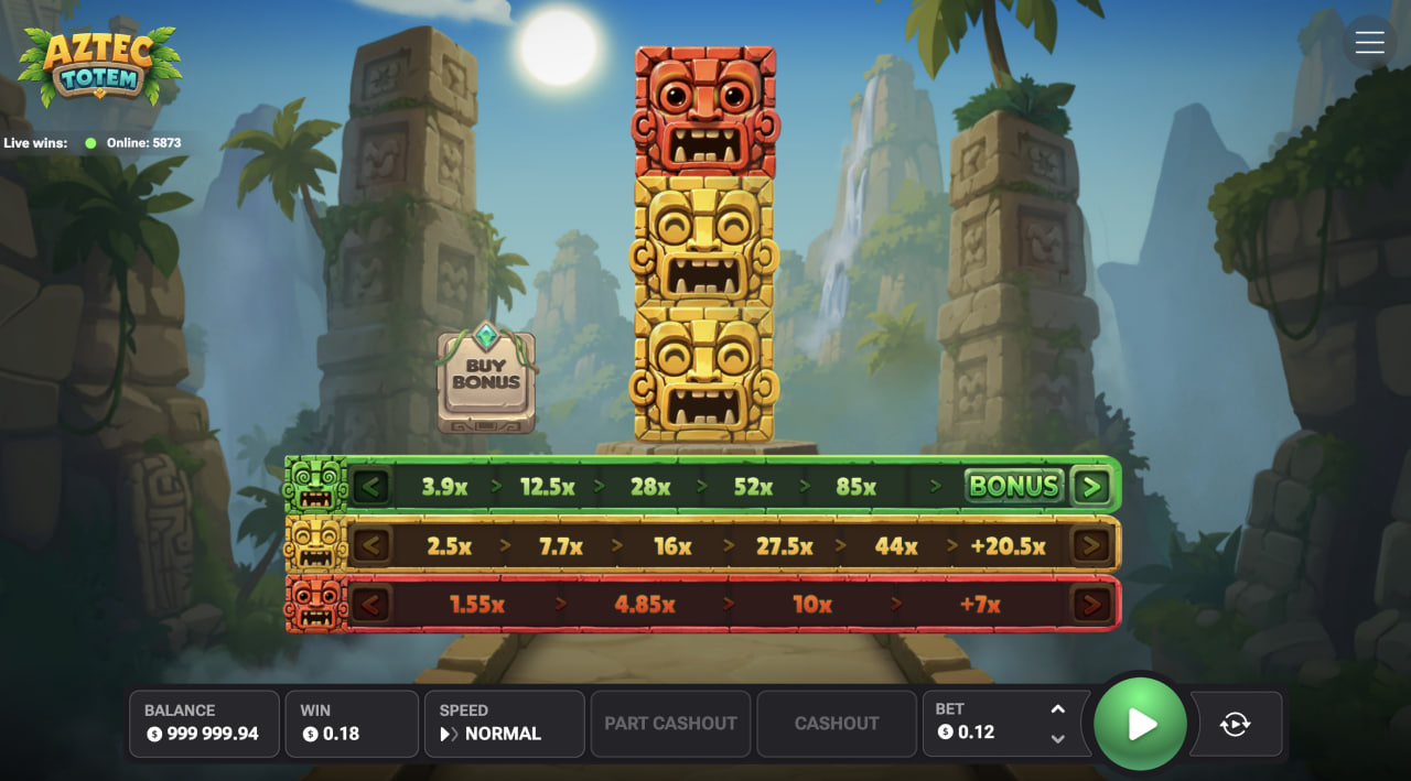 Herní obrazovka Aztec Totem na počítači s totemem a třemi řadami násobičů