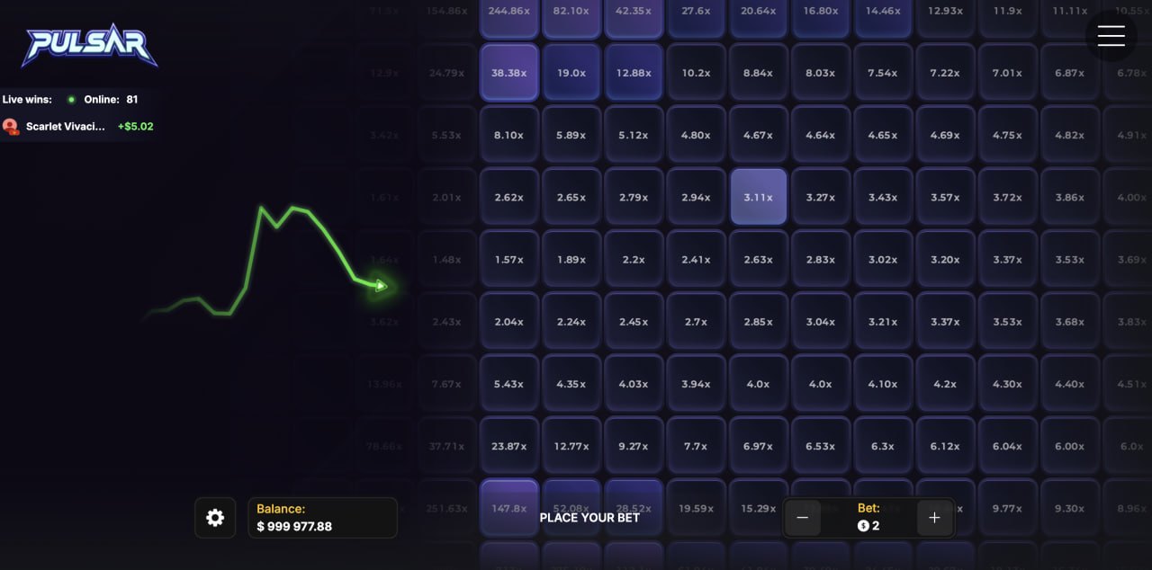 Pulsar recenze demo kasino hra česky: mřížka fialových polí s koeficienty od x1,57 do x244,86 a zelenou trajektorií impulzu